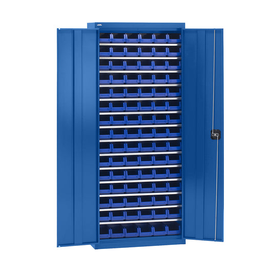 Storage cupboard with storage boxes, height 1575 mm, 14 shelves, gentian blue.