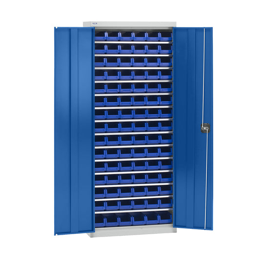 Storage cupboard with storage boxes, height 1575 mm, 14 shelves, light grey / gentian blue.