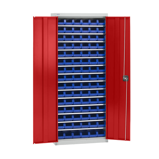 Storage cupboard with storage boxes, height 1575 mm, 14 shelves, light grey / traffic red.