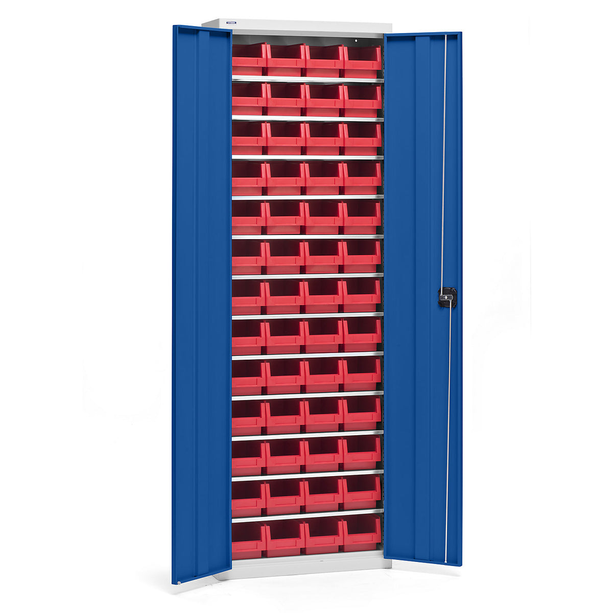 Storage cupboard with storage boxes, height 2000 mm, 12 shelves, light grey / gentian blue.