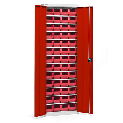 Storage cupboard with storage boxes, height 2000 mm, 12 shelves, light grey / traffic red.