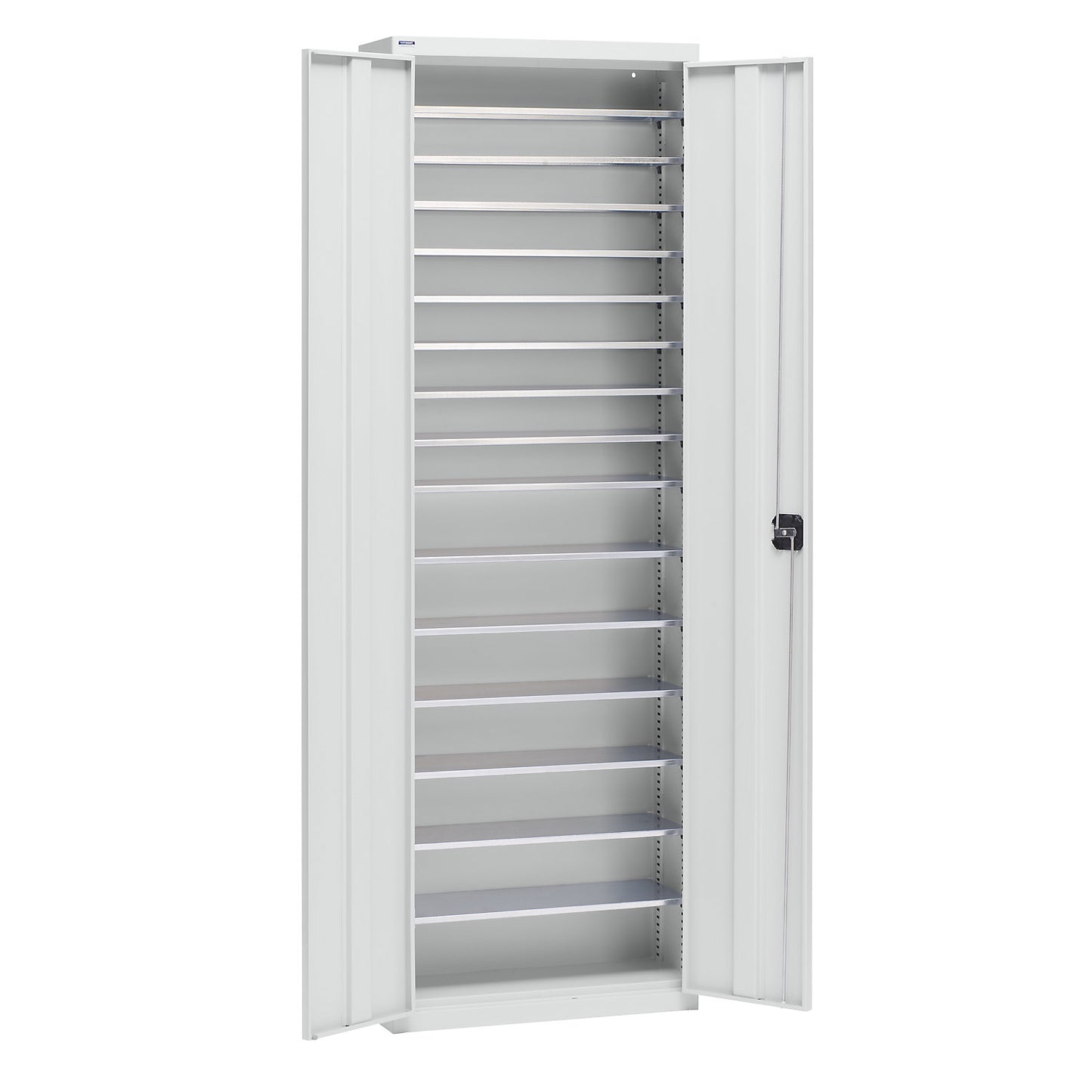 Storage cupboard made of sheet steel, height 2000 mm, light grey RAL 7035, 15 shelves.