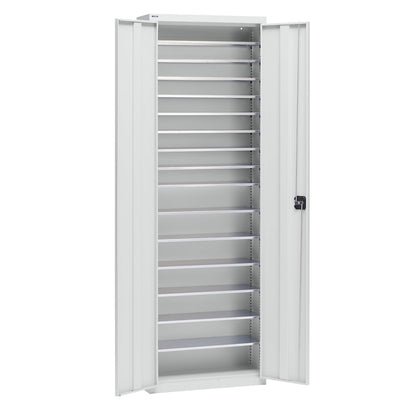 Storage cupboard made of sheet steel, height 2000 mm, light grey RAL 7035, 15 shelves.