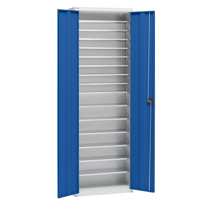 Storage cupboard made of sheet steel, height 2000 mm, light grey RAL 7035 / gentian blue RAL 5010, 15 shelves.