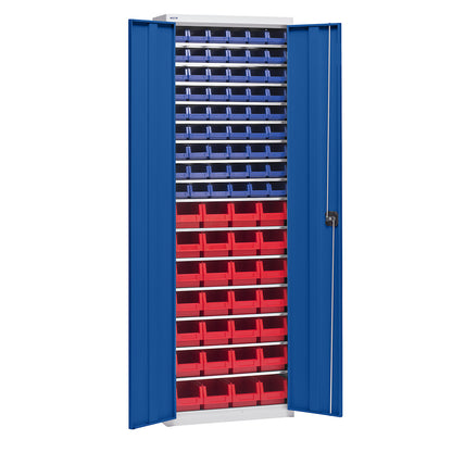 Storage cupboard with storage boxes, height 2000 mm, 15 shelves, light grey / gentian blue.