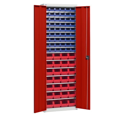 Storage cupboard with storage boxes, height 2000 mm, 15 shelves, light grey / traffic red.
