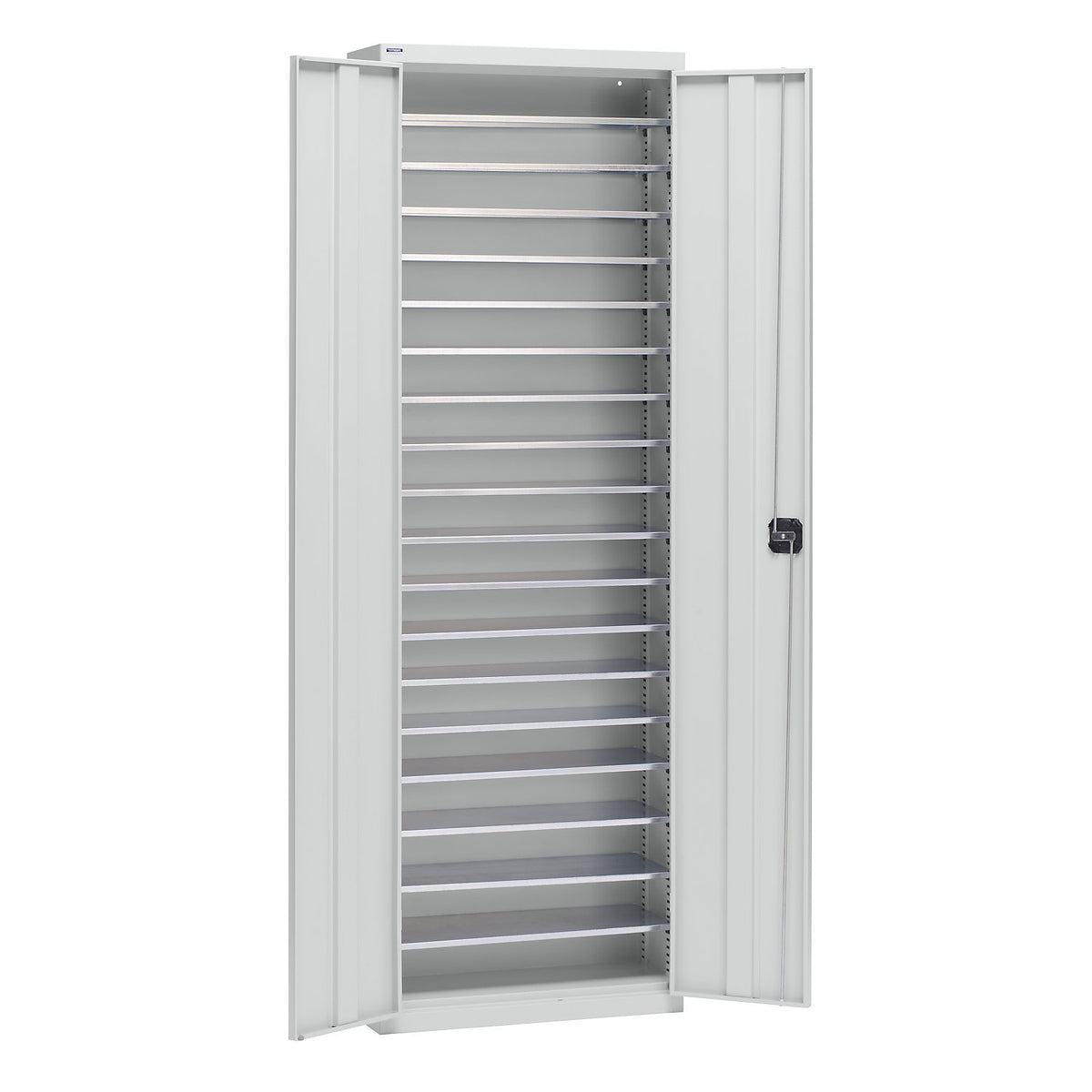 Storage cupboard made of sheet steel, height 2000 mm, light grey RAL 7035, 18 shelves.