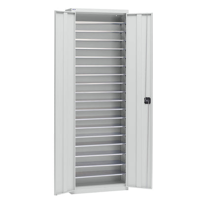 Storage cupboard made of sheet steel, height 2000 mm, light grey RAL 7035, 18 shelves.