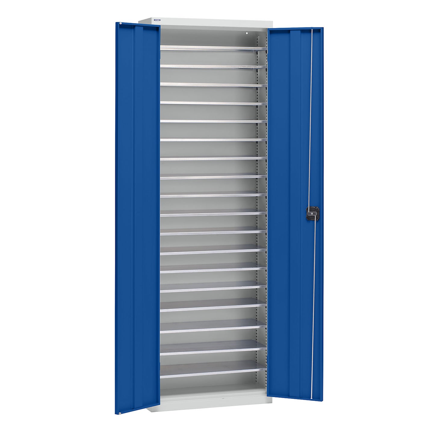 Storage cupboard made of sheet steel, height 2000 mm, light grey RAL 7035 / gentian blue RAL 5010, 18 shelves.