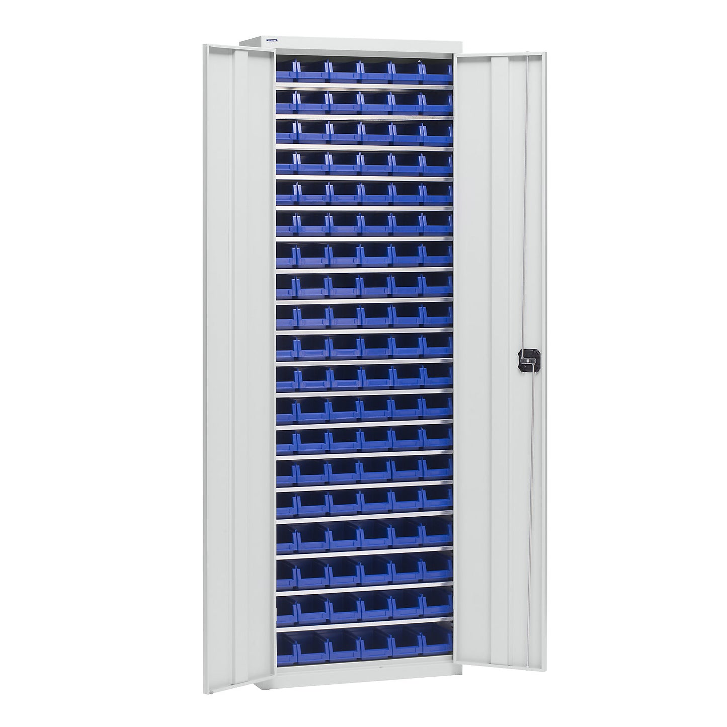 Storage cupboard with storage boxes, height 2000 mm, 18 shelves, light grey.