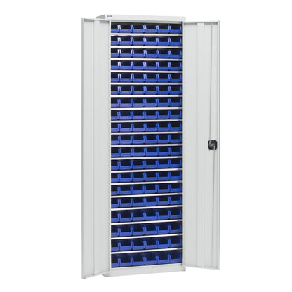 Storage cupboard with storage boxes, height 2000 mm, 18 shelves, light grey.