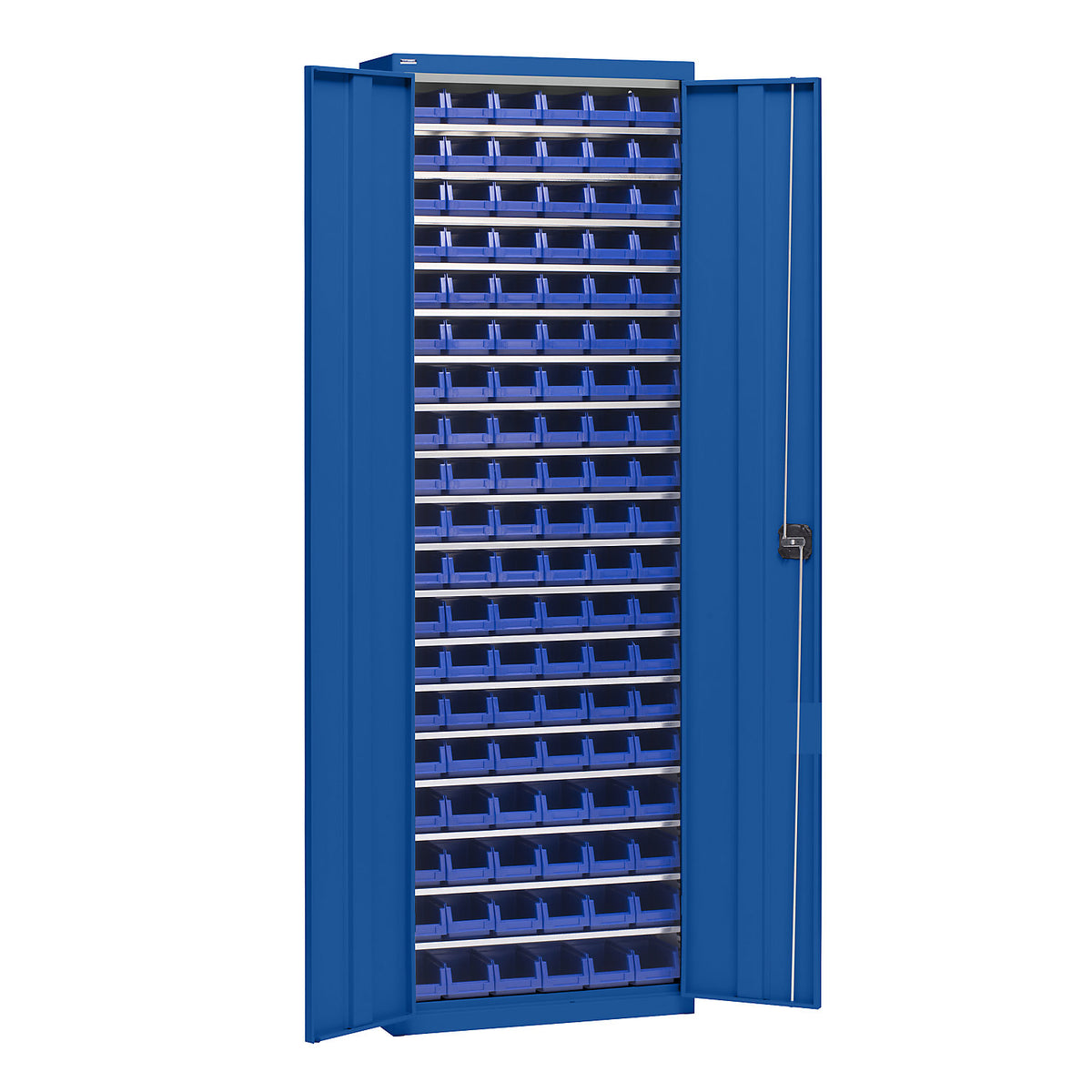 Storage cupboard with storage boxes, height 2000 mm, 18 shelves, gentian blue.