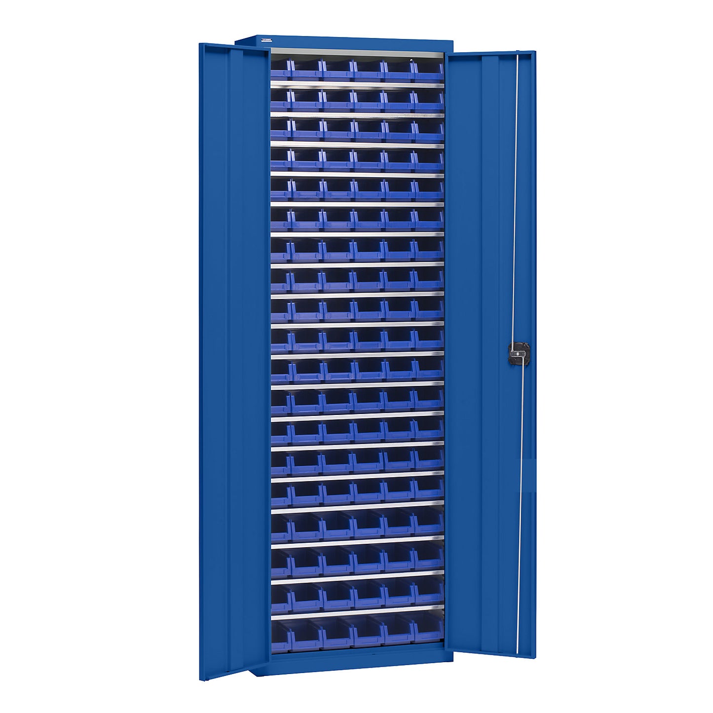 Storage cupboard with storage boxes, height 2000 mm, 18 shelves, gentian blue.