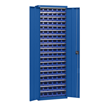 Storage cupboard with storage boxes, height 2000 mm, 18 shelves, gentian blue.
