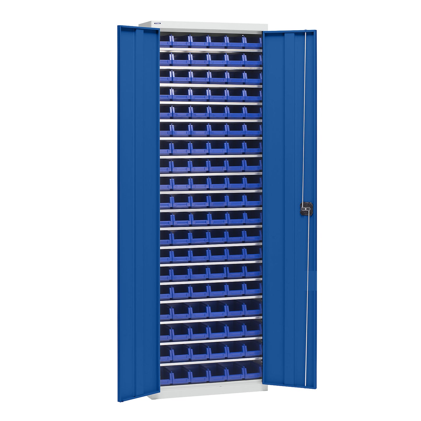 Storage cupboard with storage boxes, height 2000 mm, 18 shelves, light grey / gentian blue.