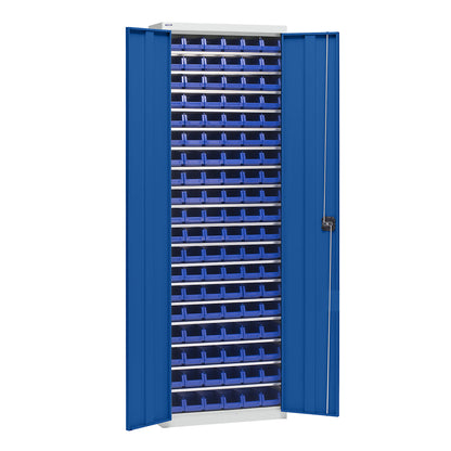 Storage cupboard with storage boxes, height 2000 mm, 18 shelves, light grey / gentian blue.