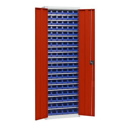 Storage cupboard with storage boxes, height 2000 mm, 18 shelves, light grey / traffic red.
