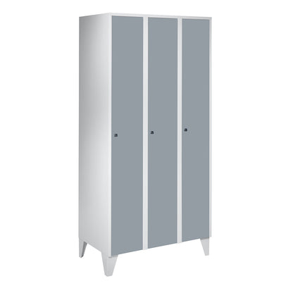 Munich locker, 3 compartments, light grey / silver grey, W 900 mm, with feet.
