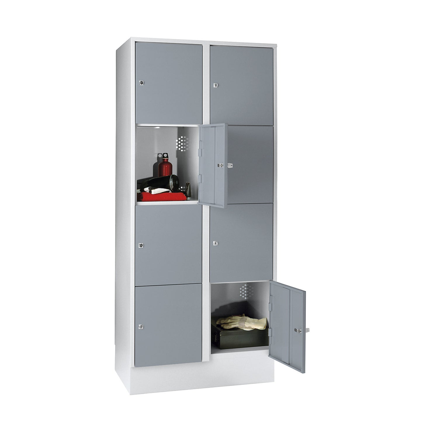 Munich 4-fold compartment locker, 2 compartments, light grey / silver grey, W 800 mm, with base plinth.