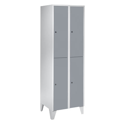 München double deck clothes locker, 2 compartments, W 600 mm, light grey / silver grey, with feet.