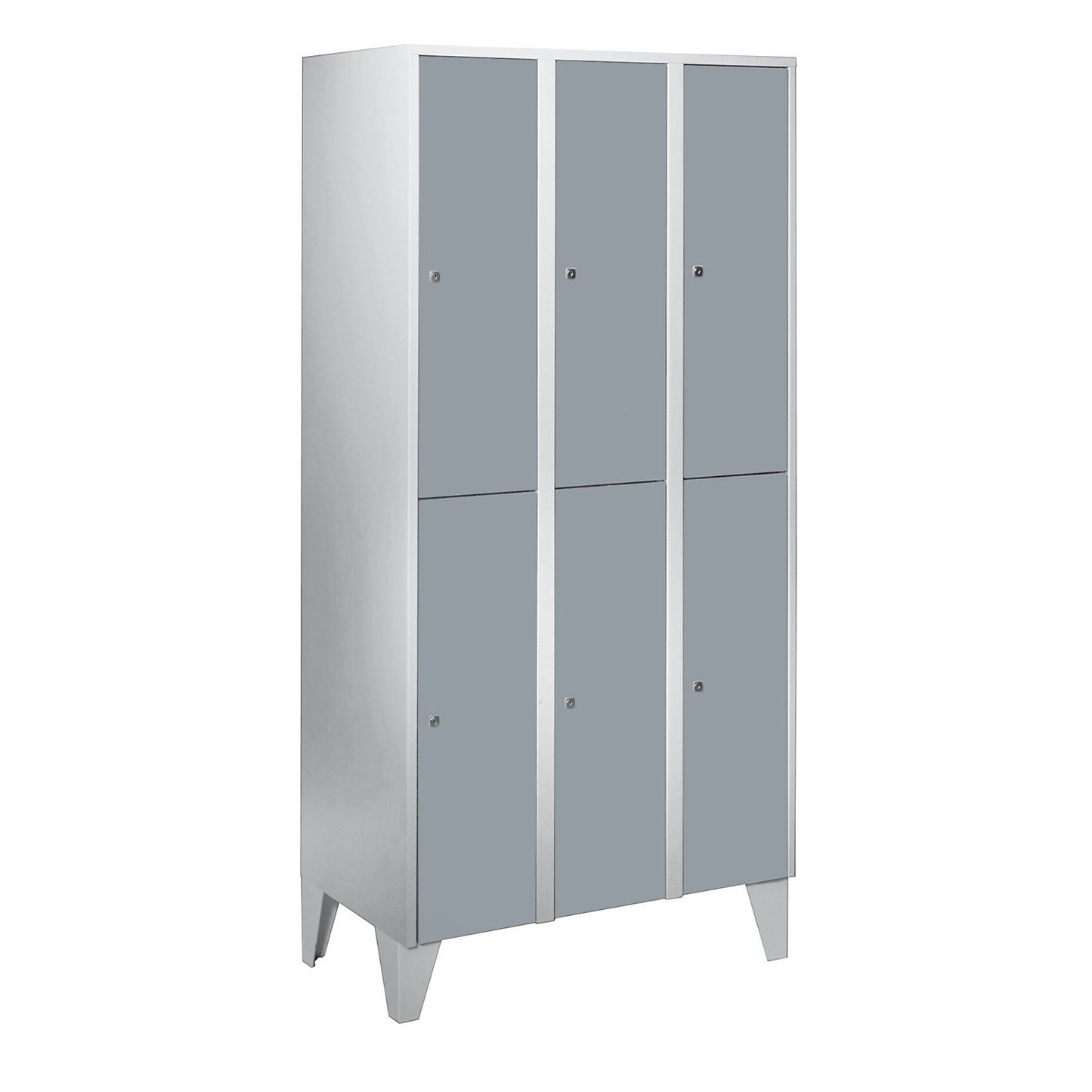 München double deck clothes locker, 3 compartments, W 900 mm, light grey / silver grey, with feet.