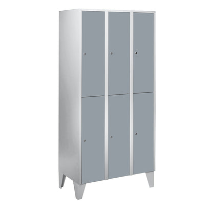 München double deck clothes locker, 3 compartments, W 900 mm, light grey / silver grey, with feet.