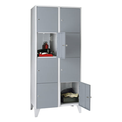 Munich 4-fold compartment locker, 2 compartments, light grey / silver grey, W 800 mm, with feet.