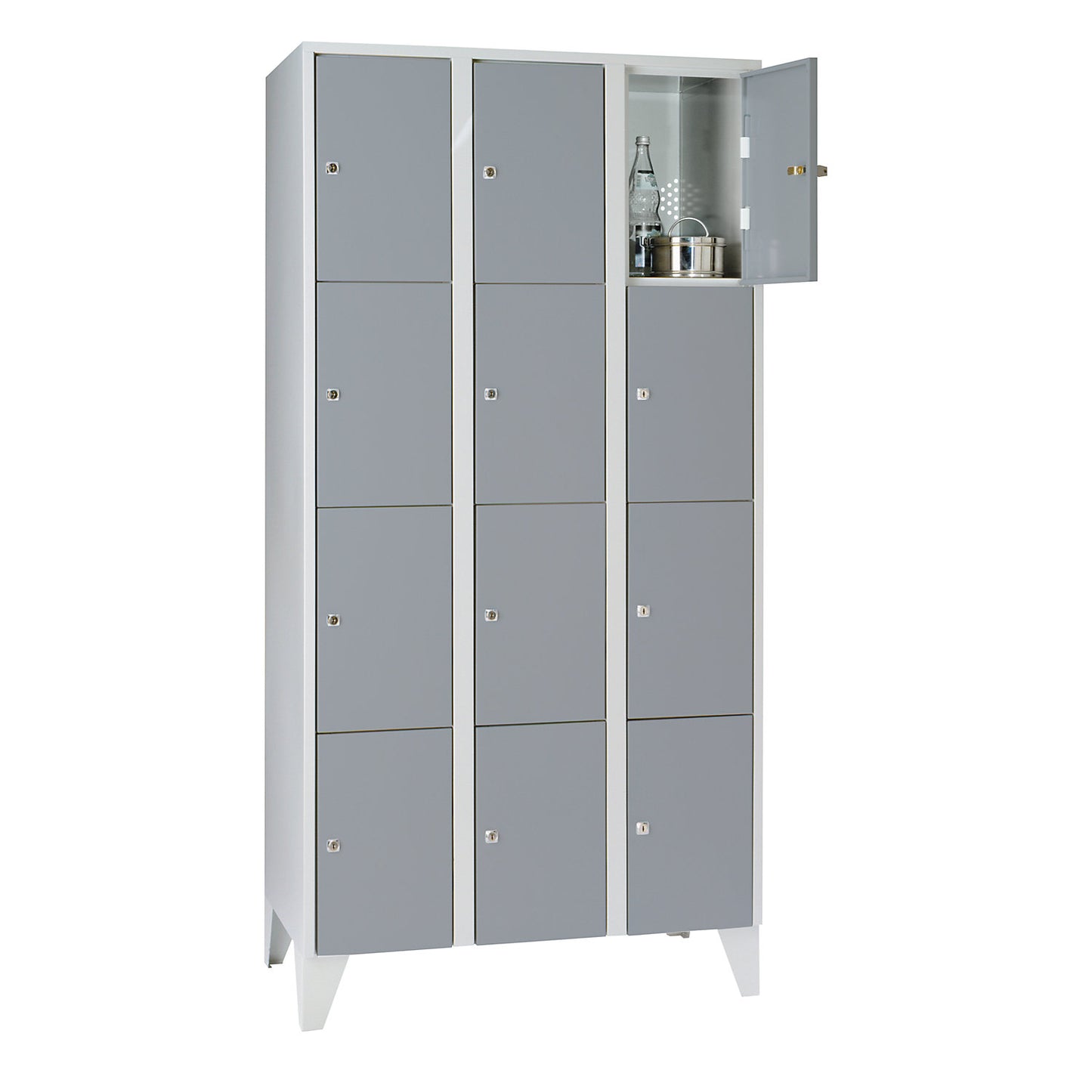 Munich 4-fold compartment locker, 3 compartments, light grey / silver grey, W 900 mm, with feet.