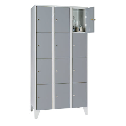 Munich 4-fold compartment locker, 3 compartments, light grey / silver grey, W 900 mm, with feet.