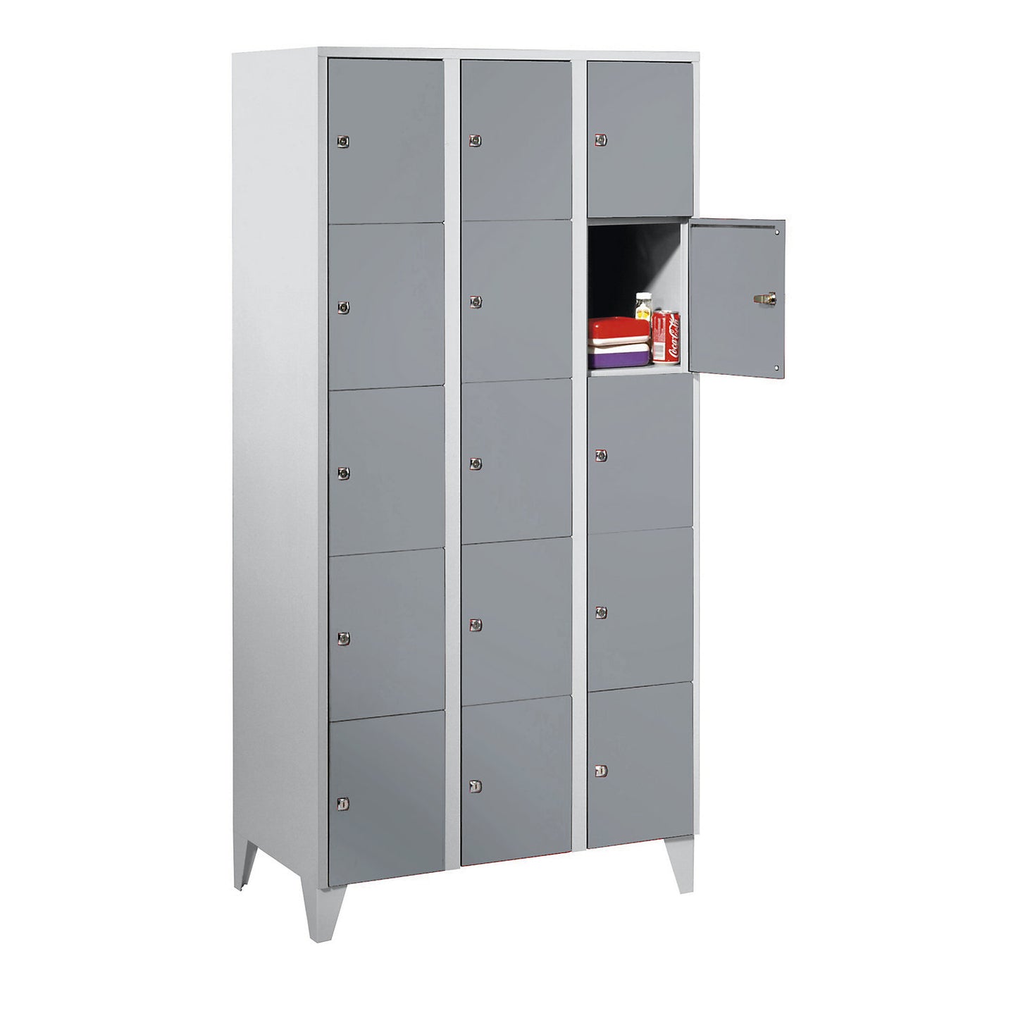 München 5-fold compartment locker, 3 compartments, light grey / silver grey, W 900 mm, with feet.