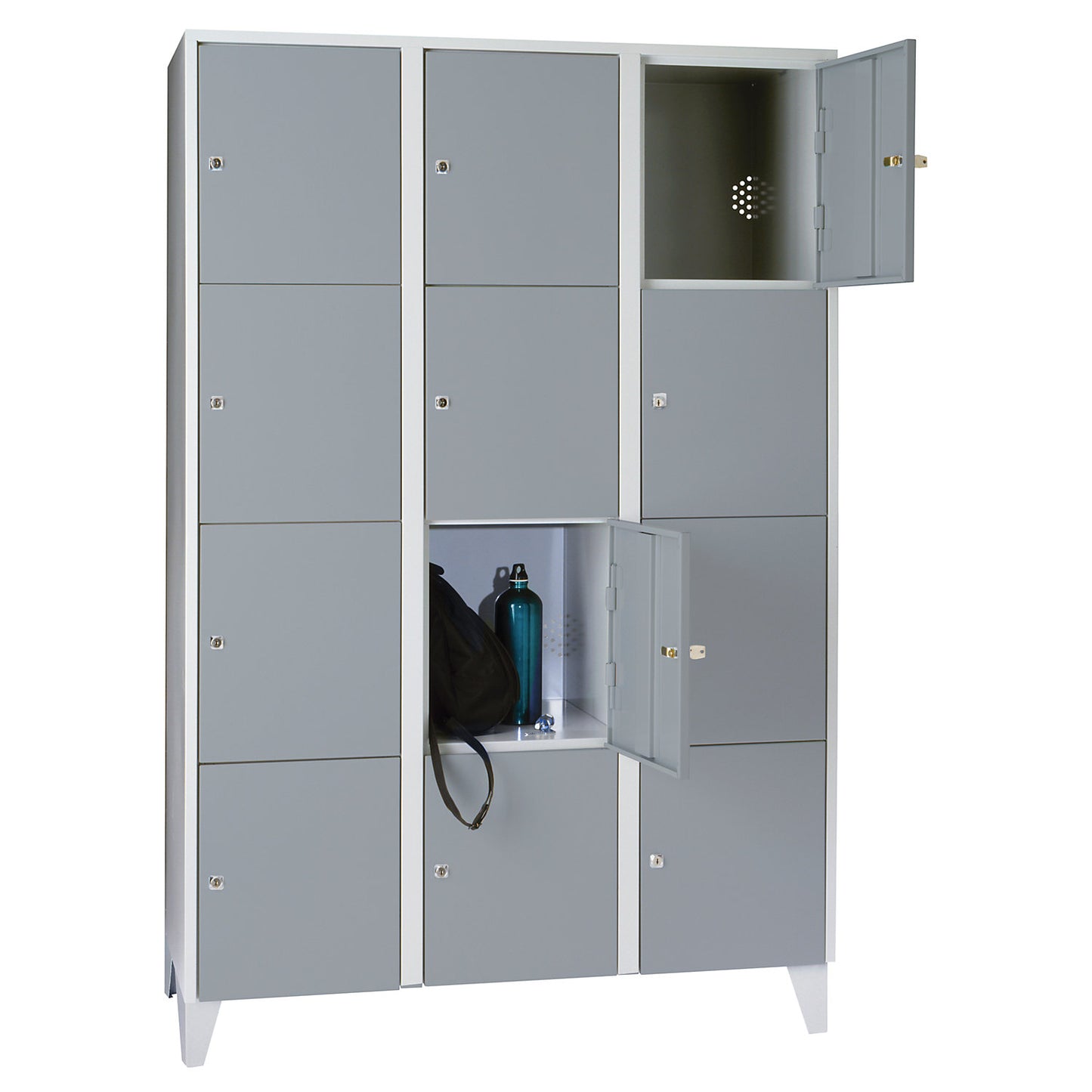 Munich 4-fold compartment locker, 3 compartments, light grey / silver grey, W 1200 mm, with feet.