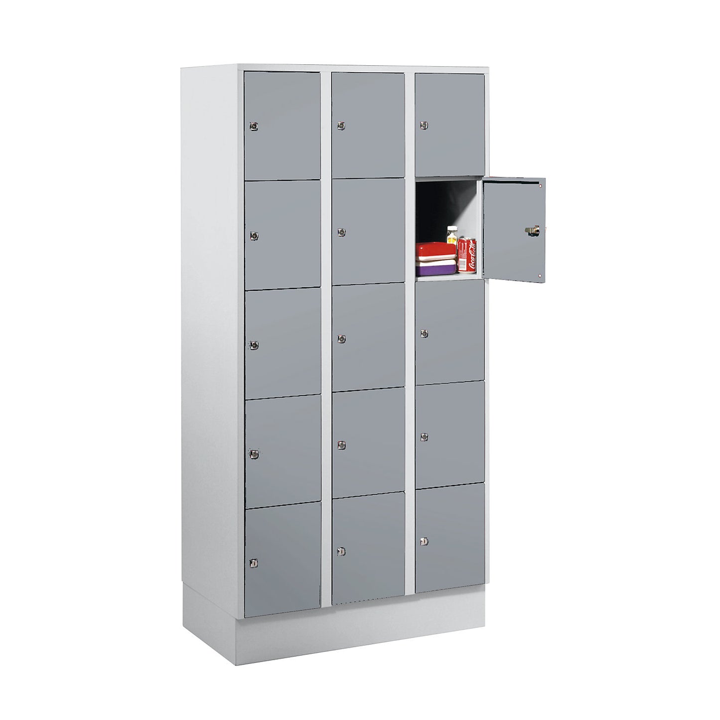 München 5-fold compartment locker, 3 compartments, light grey / silver grey, W 900 mm, with base plinth.