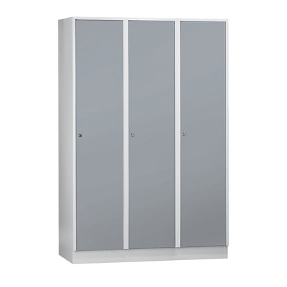 Munich locker, 3 compartments, light grey / silver grey, W 1200 mm, with base plinth.
