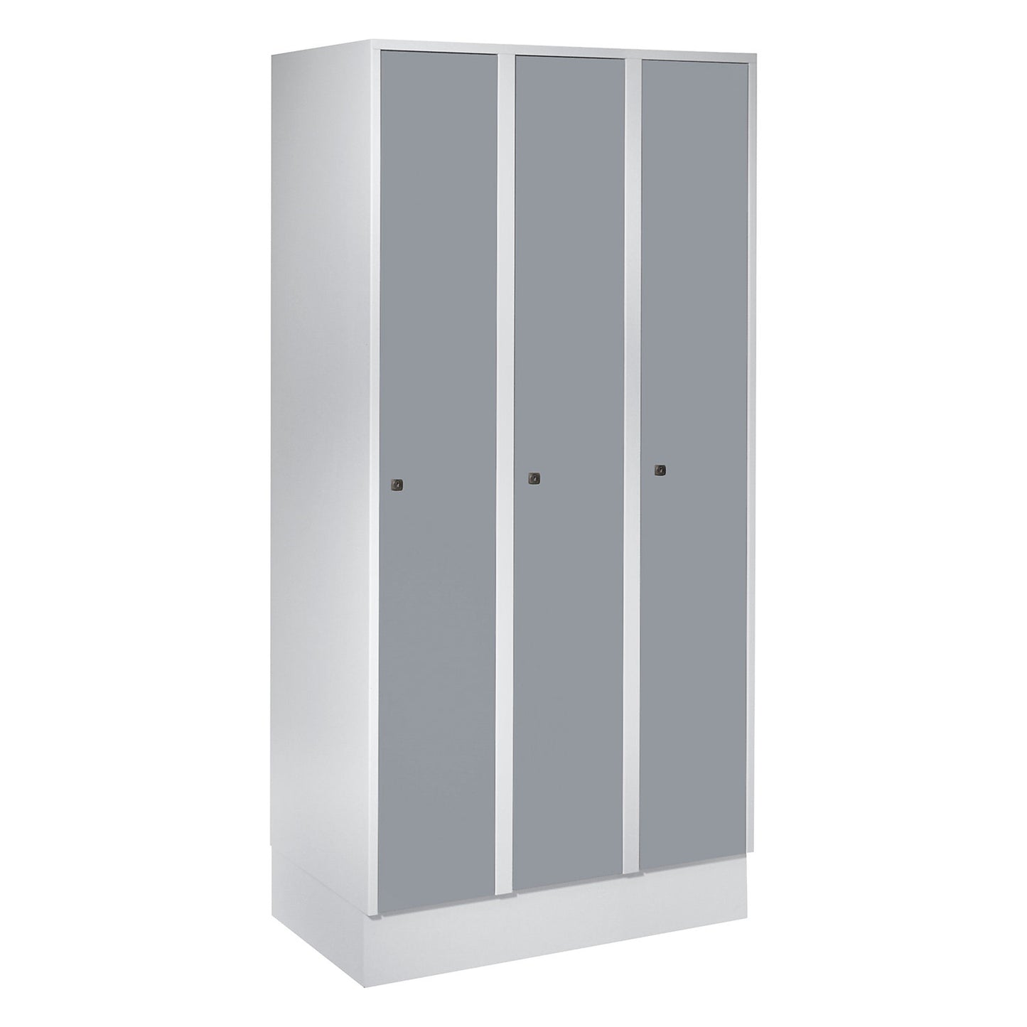 Munich locker, 3 compartments, light grey / silver grey, W 900 mm, with base plinth.