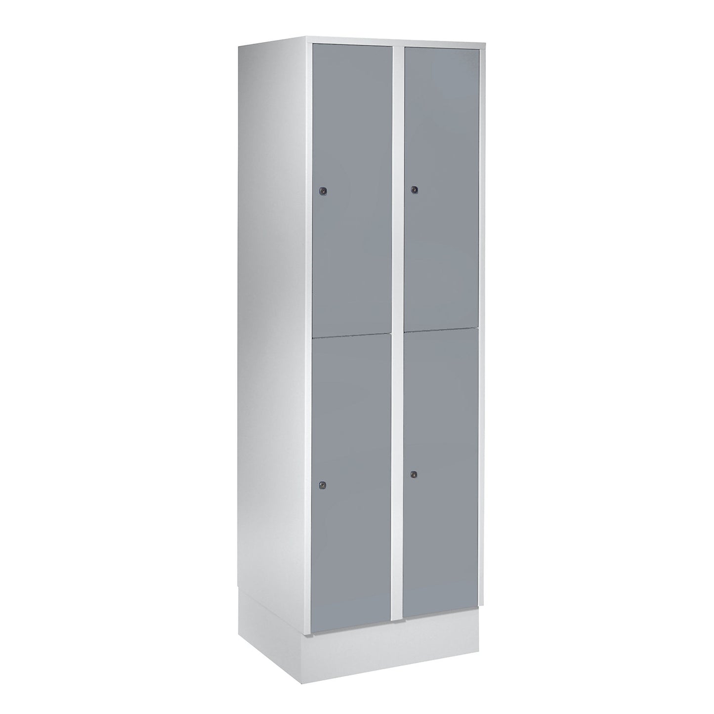 München double deck clothes locker, 2 compartments, W 600 mm, light grey / silver grey, with base plinth.