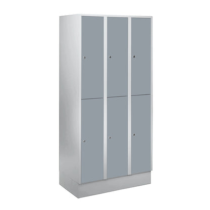 München double deck clothes locker, 3 compartments, W 900 mm, light grey / silver grey, with base plinth.