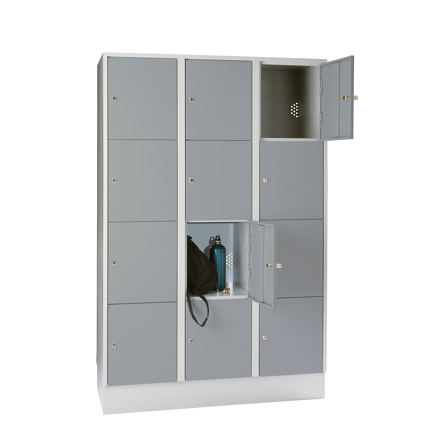 Munich 4-fold compartment locker, 3 compartments, light grey / silver grey, W 1200 mm, with base plinth.