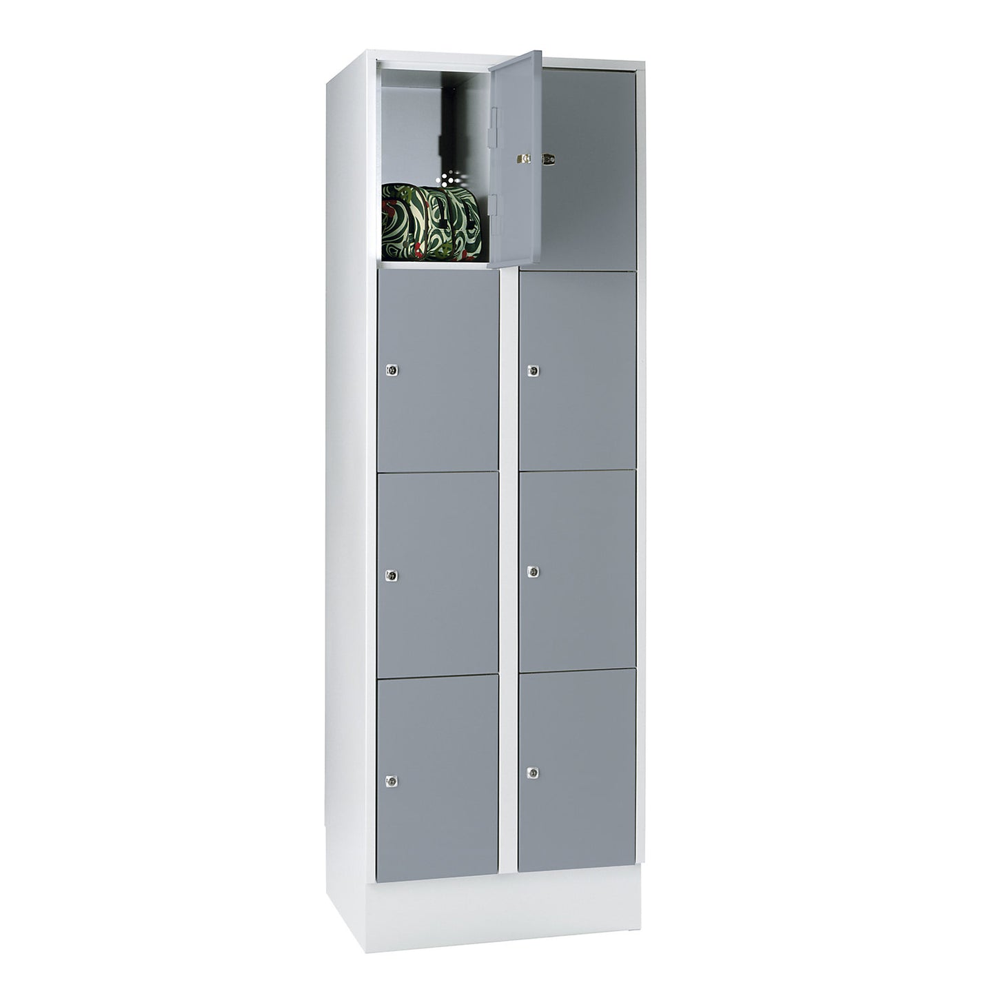 Munich 4-fold compartment locker, 2 compartments, light grey / silver grey, W 600 mm, with base plinth.