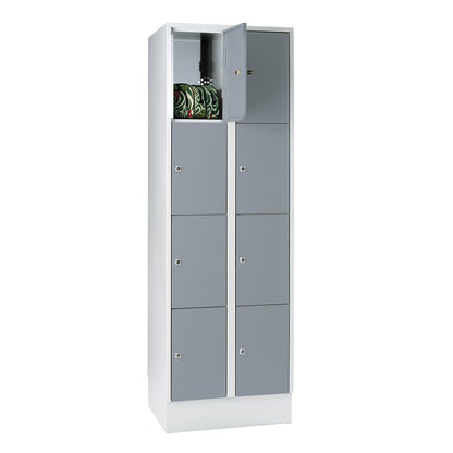 Munich 4-fold compartment locker, 2 compartments, light grey / silver grey, W 600 mm, with base plinth.