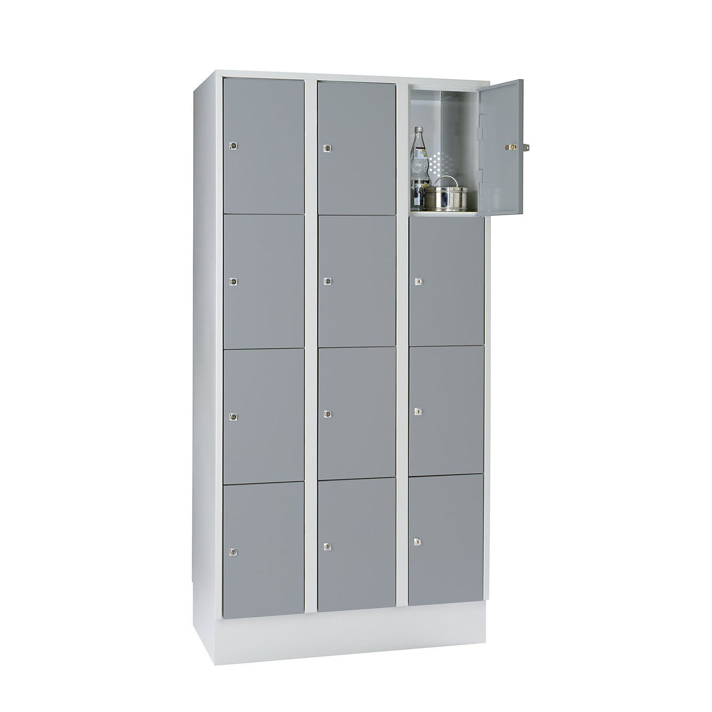 Munich 4-fold compartment locker, 3 compartments, light grey / silver grey, W 900 mm, with base plinth.