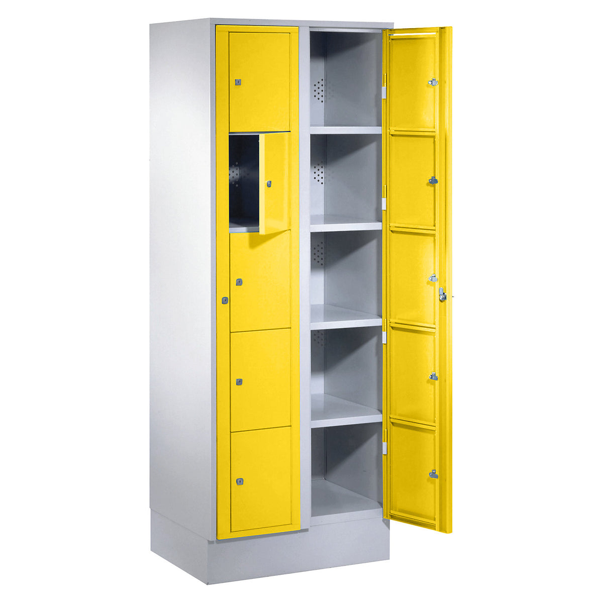 Laundry cabinet, HxWxD 1800 x 700 x 500 mm, 10 compartments, light grey / zinc yellow.