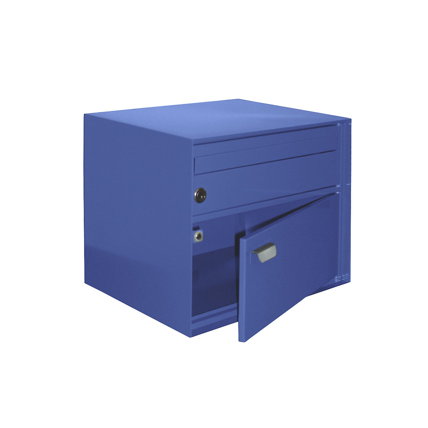 Letter box, WxHxD 390 x 315 x 310 mm, sheet steel, powder coated, signal blue.
