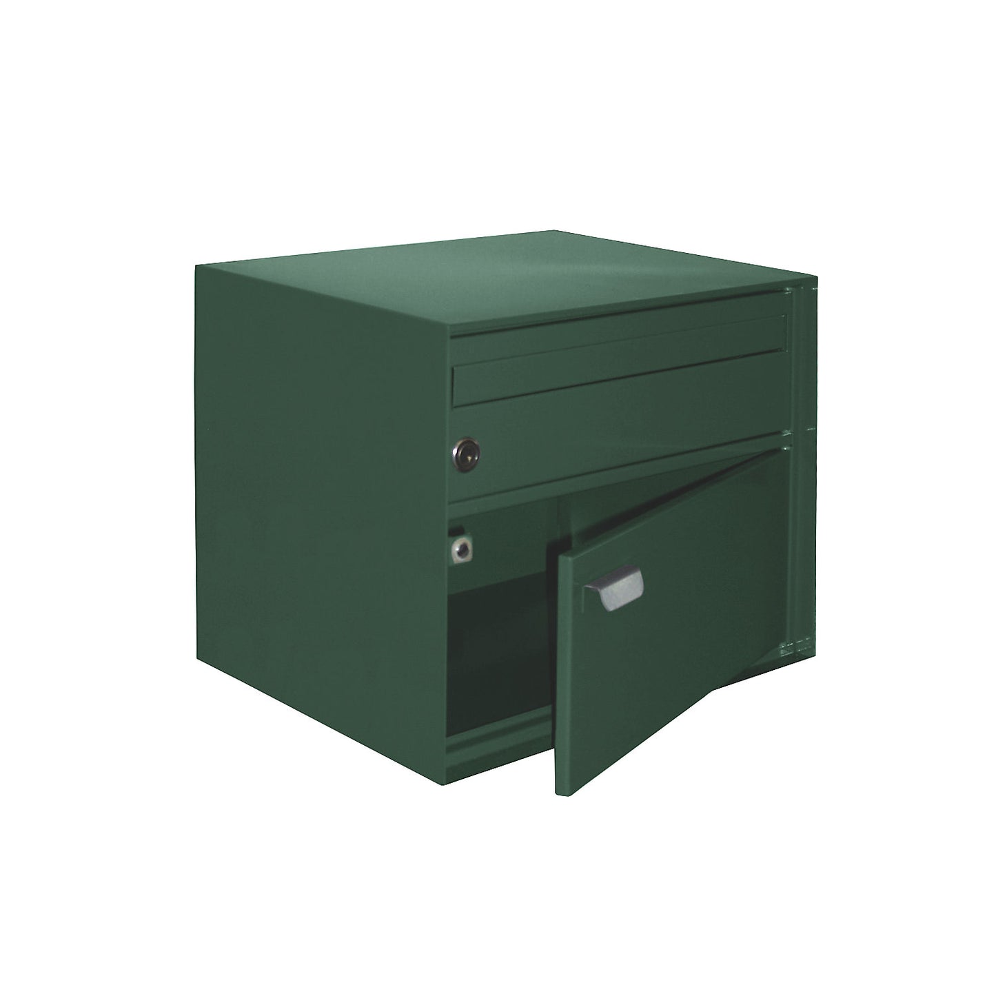 Letter box, WxHxD 390 x 315 x 310 mm, sheet steel, powder coated, moss green.