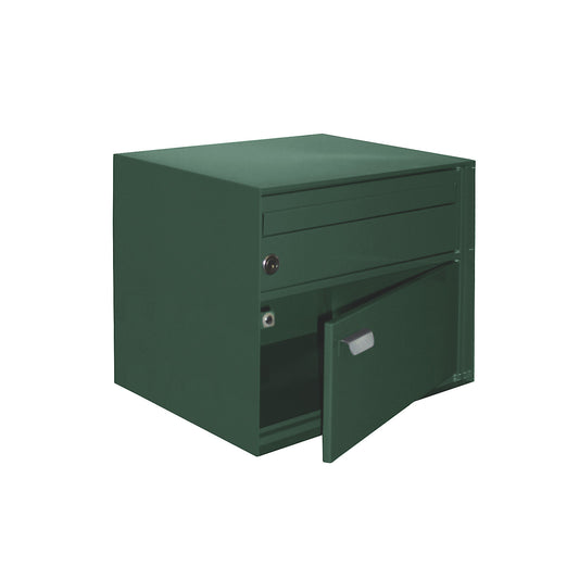 Letter box, WxHxD 390 x 315 x 310 mm, sheet steel, powder coated, moss green.