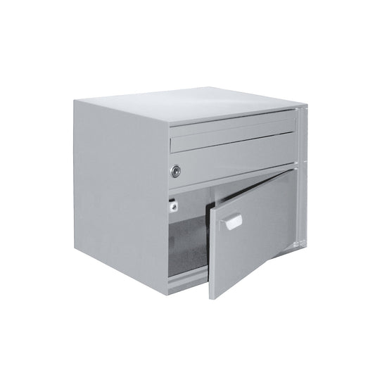 Letter box, WxHxD 390 x 315 x 310 mm, sheet steel, powder coated, white.