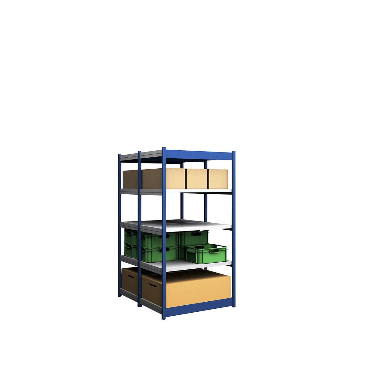 Stable boltless shelf unit, double sided, shelf unit height 2000 mm, blue / zinc-plated, shelf width 1025 mm, basic shelf unit, width x depth 1025 x 600 mm.