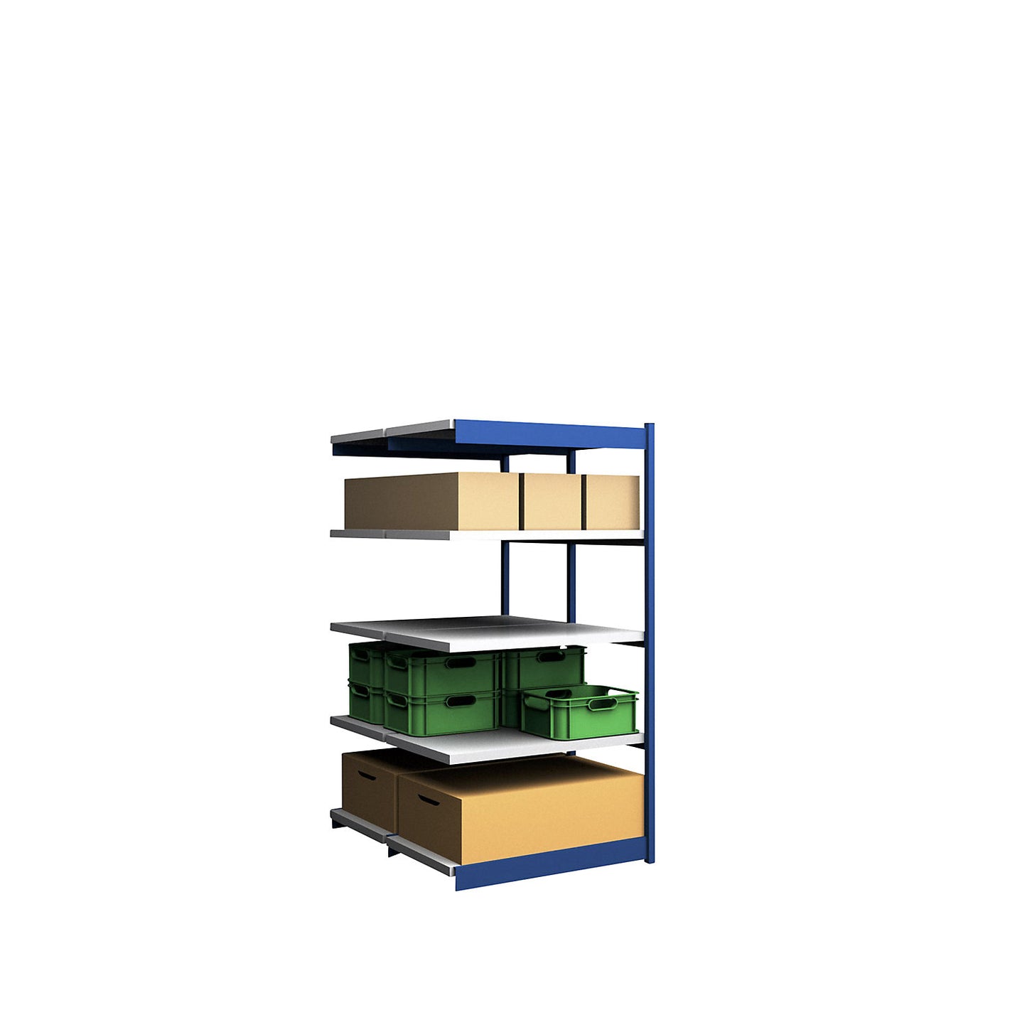 Stable boltless shelf unit, double sided, shelf unit height 2000 mm, blue / zinc-plated, shelf width 1025 mm, extension shelf unit, width x depth 1025 x 600 mm.