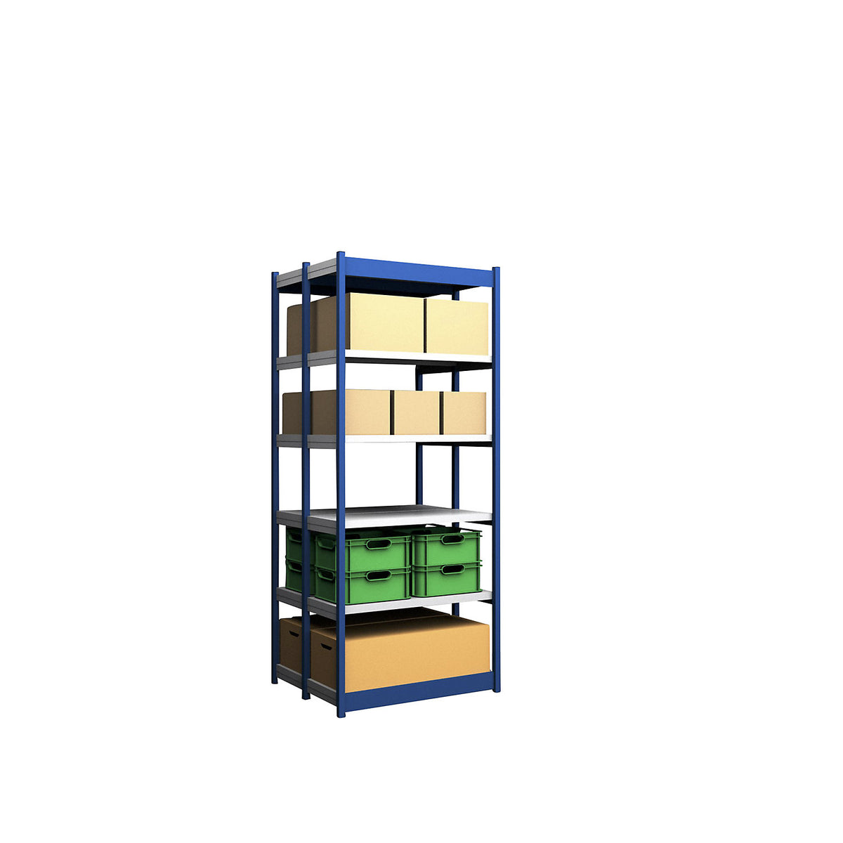 Stable boltless shelf unit, double sided, shelf unit height 2500 mm, blue / zinc-plated, shelf width 1025 mm, basic shelf unit, width x depth 1025 x 400 mm.