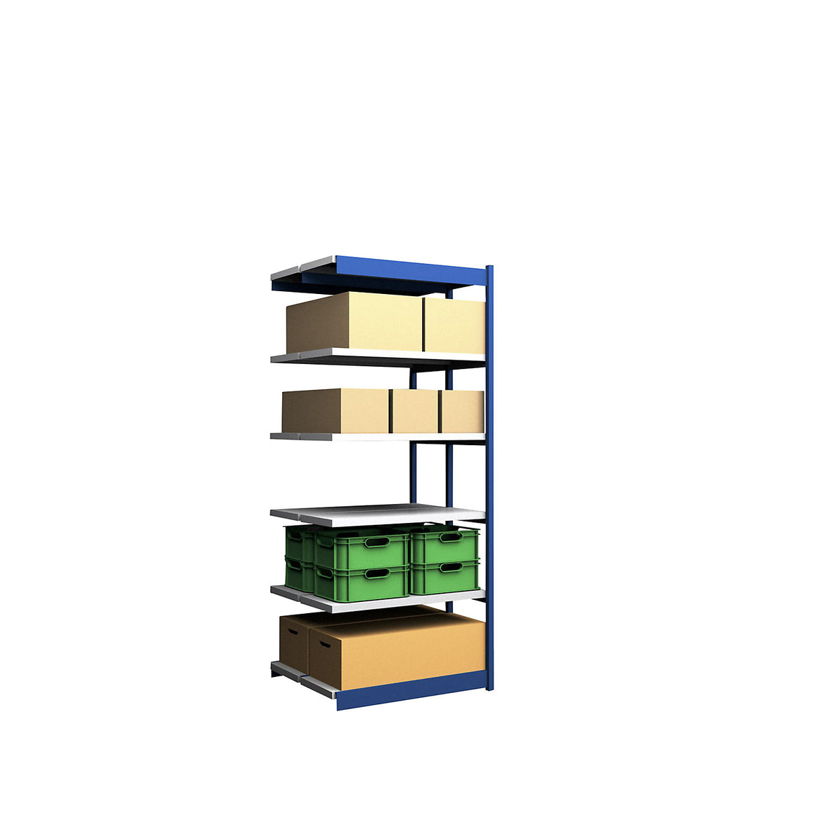 Stable boltless shelf unit, double sided, shelf unit height 2500 mm, blue / zinc-plated, shelf width 1025 mm, extension shelf unit, width x depth 1025 x 400 mm.