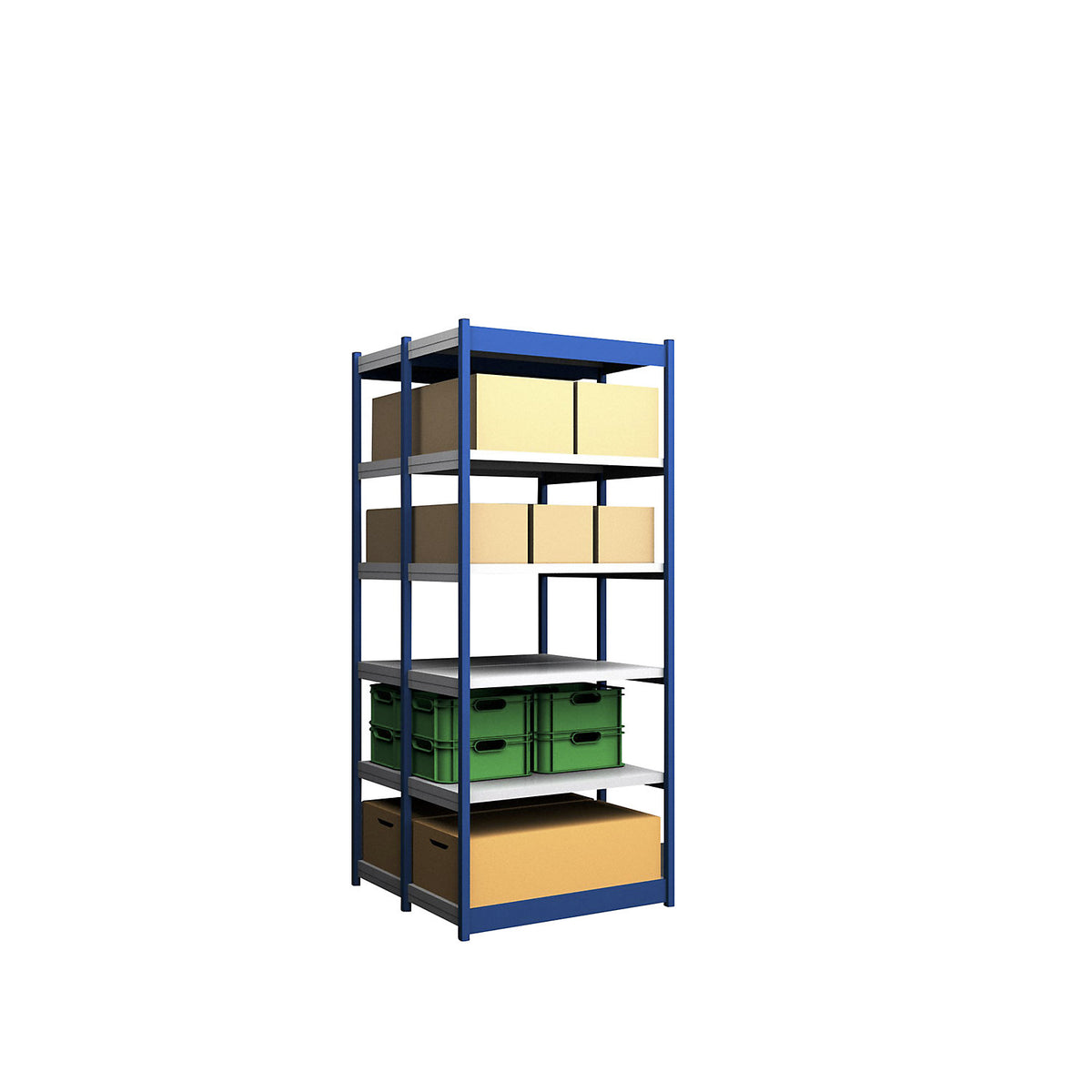 Stable boltless shelf unit, double sided, shelf unit height 2500 mm, blue / zinc-plated, shelf width 1025 mm, basic shelf unit, width x depth 1025 x 500 mm.